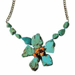 Turquoise Flower Statement Necklace, Chunky Slab Stone, Boho Southwestern Style